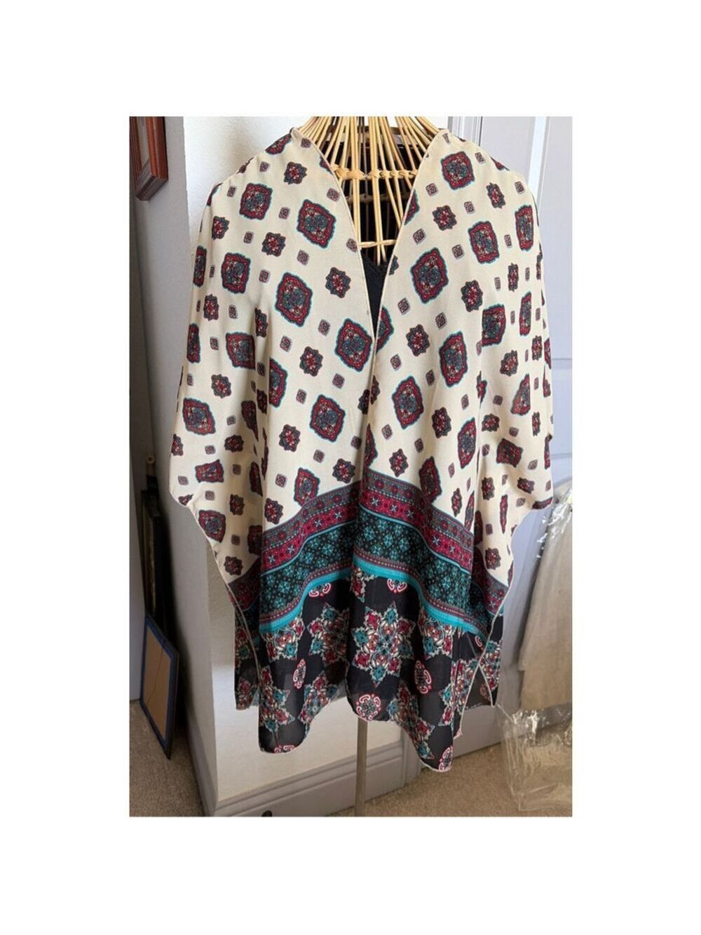 Women's Live 4 Truth Beige & Black Patterned Kimono Shrug, Size L #0050